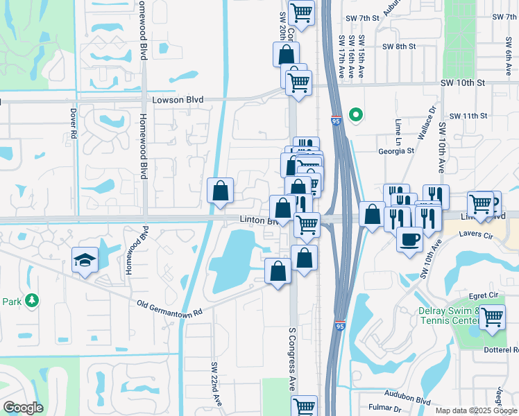 map of restaurants, bars, coffee shops, grocery stores, and more near 1533 Ilene Court in Delray Beach