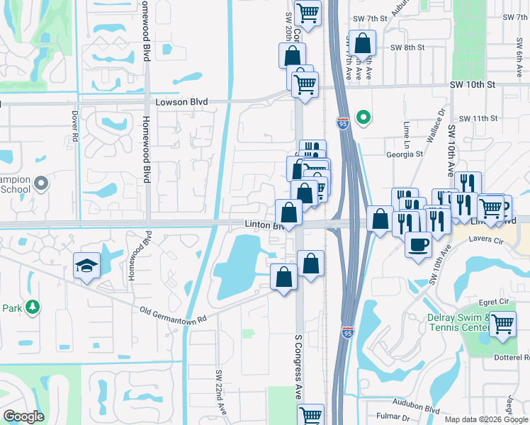 map of restaurants, bars, coffee shops, grocery stores, and more near 1533 Ilene Court in Delray Beach