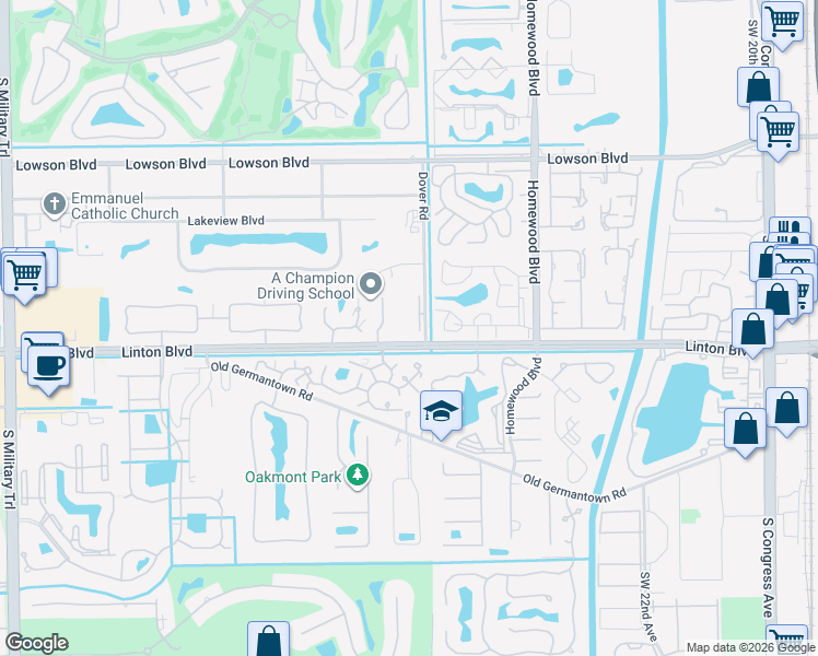 map of restaurants, bars, coffee shops, grocery stores, and more near 1600 Dover Road in Delray Beach