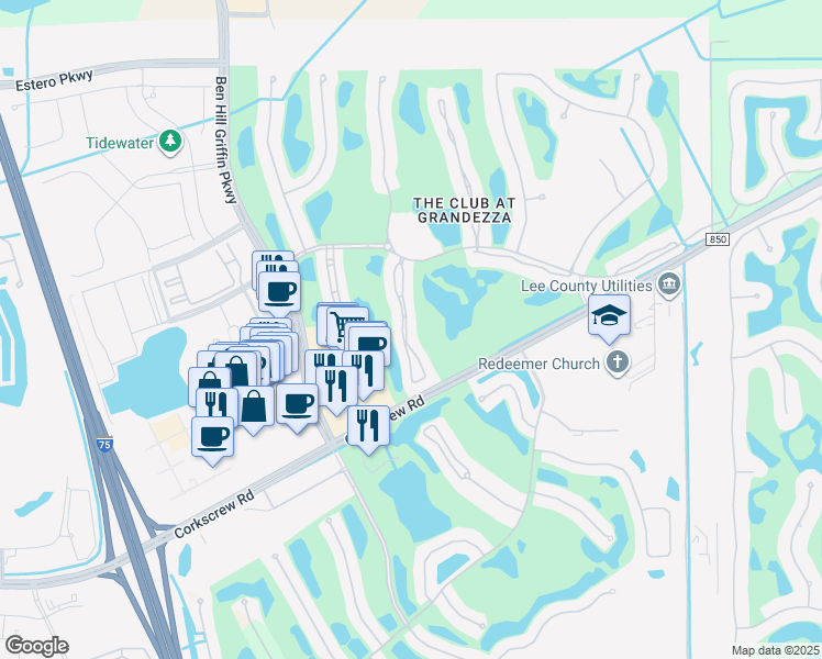 map of restaurants, bars, coffee shops, grocery stores, and more near 20271 Calice Court in Estero