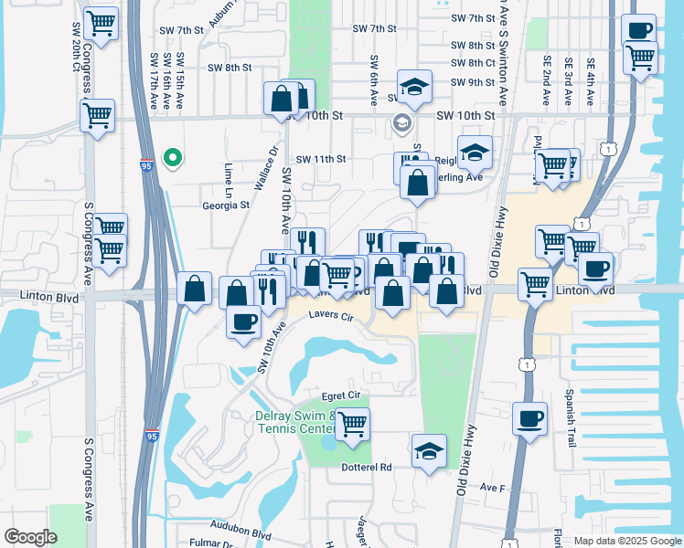 map of restaurants, bars, coffee shops, grocery stores, and more near 705 Linton Boulevard in Delray Beach