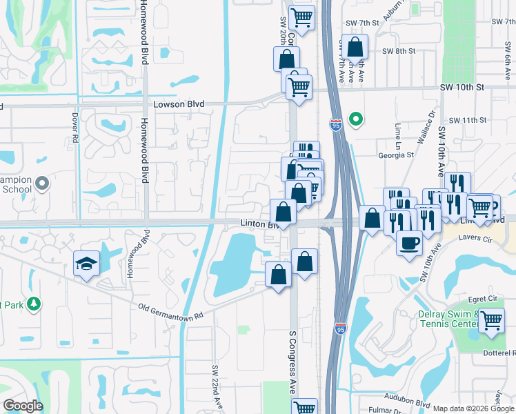 map of restaurants, bars, coffee shops, grocery stores, and more near 1533 Ilene Court in Delray Beach
