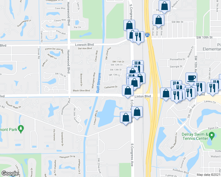 map of restaurants, bars, coffee shops, grocery stores, and more near 2134 Catherine Drive in Delray Beach