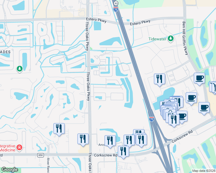 map of restaurants, bars, coffee shops, grocery stores, and more near 10170 Tin Maple Drive in Estero