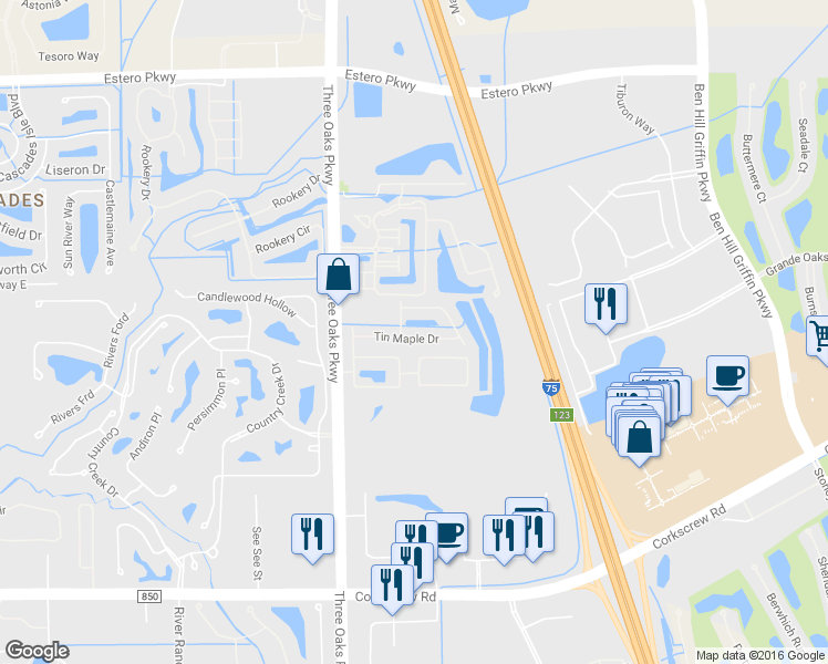 map of restaurants, bars, coffee shops, grocery stores, and more near 10170 Tin Maple Drive in Estero