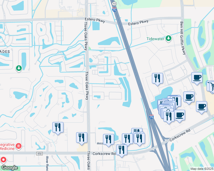 map of restaurants, bars, coffee shops, grocery stores, and more near 10170 Tin Maple Drive in Estero