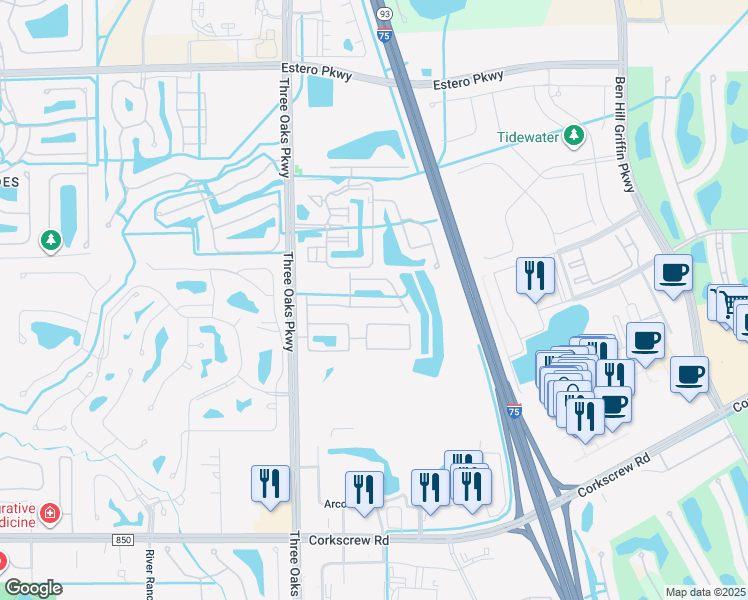 map of restaurants, bars, coffee shops, grocery stores, and more near 10230 Tin Maple Drive in Estero