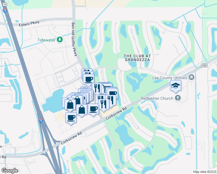 map of restaurants, bars, coffee shops, grocery stores, and more near 20281 Burnside Place in Estero