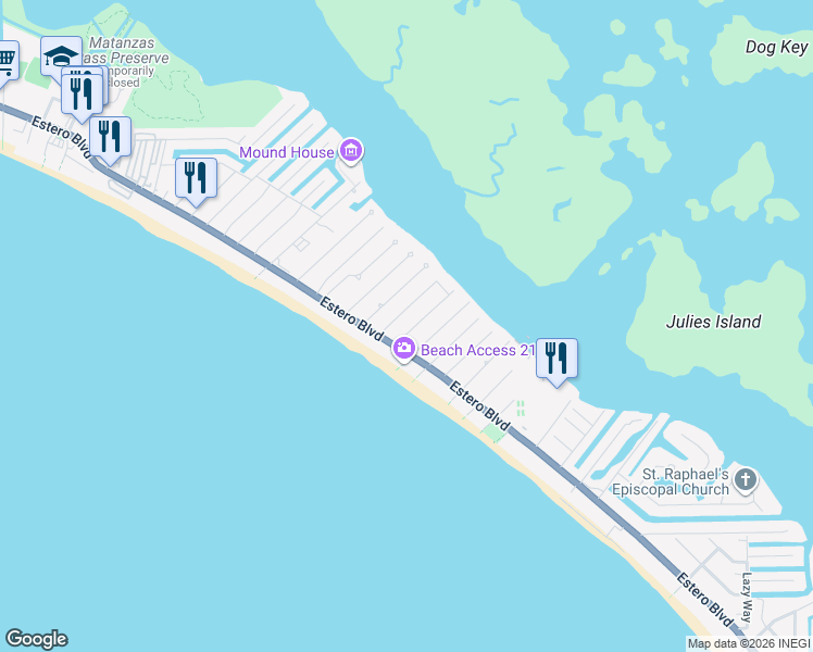 map of restaurants, bars, coffee shops, grocery stores, and more near 121 Gulf Island Drive in Fort Myers Beach