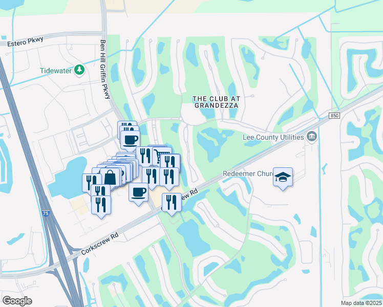 map of restaurants, bars, coffee shops, grocery stores, and more near 20271 Calice Court in Estero