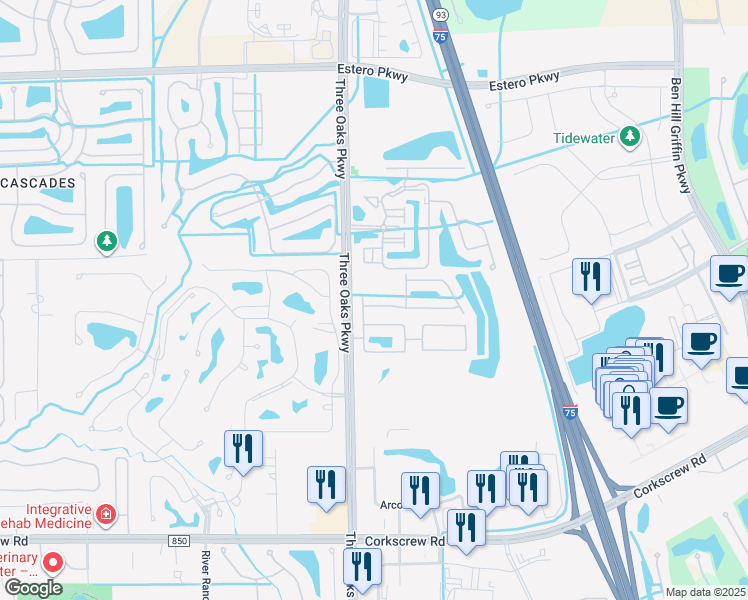 map of restaurants, bars, coffee shops, grocery stores, and more near 10100 Tin Maple Drive in Estero
