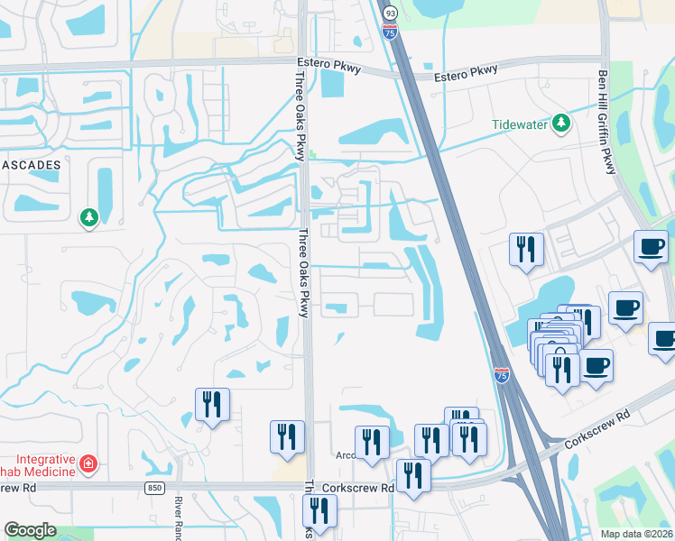 map of restaurants, bars, coffee shops, grocery stores, and more near 10100 Tin Maple Drive in Estero