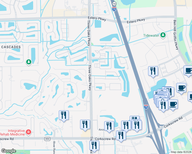map of restaurants, bars, coffee shops, grocery stores, and more near 10100 Tin Maple Drive in Estero