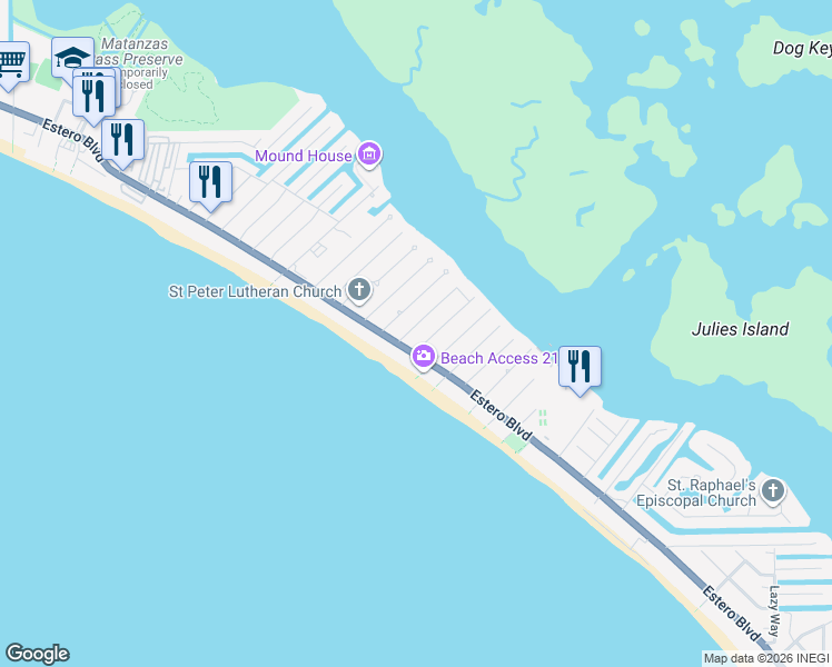 map of restaurants, bars, coffee shops, grocery stores, and more near 121 Gulf Island Drive in Fort Myers Beach