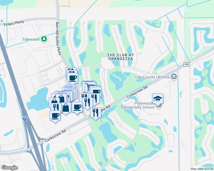 map of restaurants, bars, coffee shops, grocery stores, and more near 20271 Calice Court in Estero