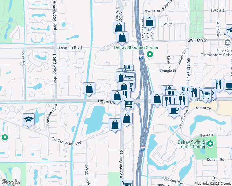 map of restaurants, bars, coffee shops, grocery stores, and more near 1630 South Congress Avenue in Delray Beach