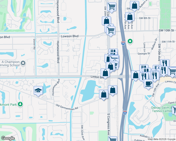 map of restaurants, bars, coffee shops, grocery stores, and more near 2134 Catherine Drive in Delray Beach