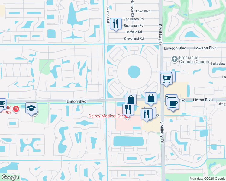 map of restaurants, bars, coffee shops, grocery stores, and more near 5399 Viburnum Street in Delray Beach