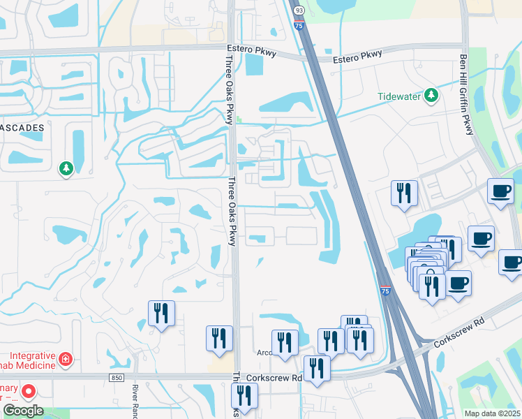 map of restaurants, bars, coffee shops, grocery stores, and more near 10100 Tin Maple Drive in Estero