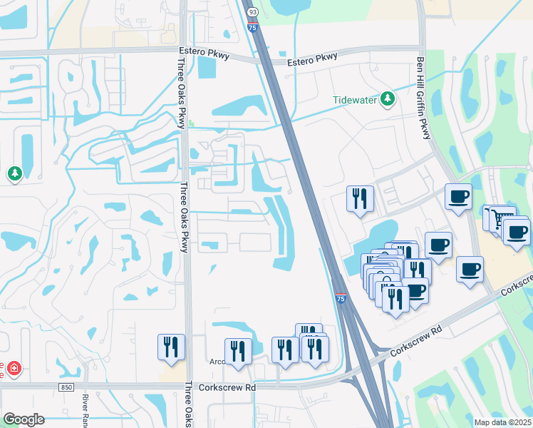 map of restaurants, bars, coffee shops, grocery stores, and more near 10300 Olivewood Way in Estero