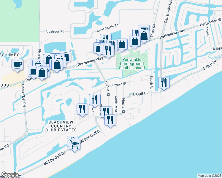 map of restaurants, bars, coffee shops, grocery stores, and more near 770 Donax Street in Sanibel