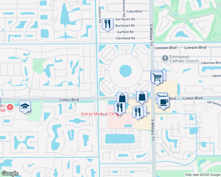 map of restaurants, bars, coffee shops, grocery stores, and more near 5399 Viburnum Street in Delray Beach