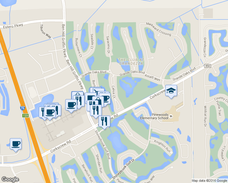 map of restaurants, bars, coffee shops, grocery stores, and more near 20259 Calice Court in Estero