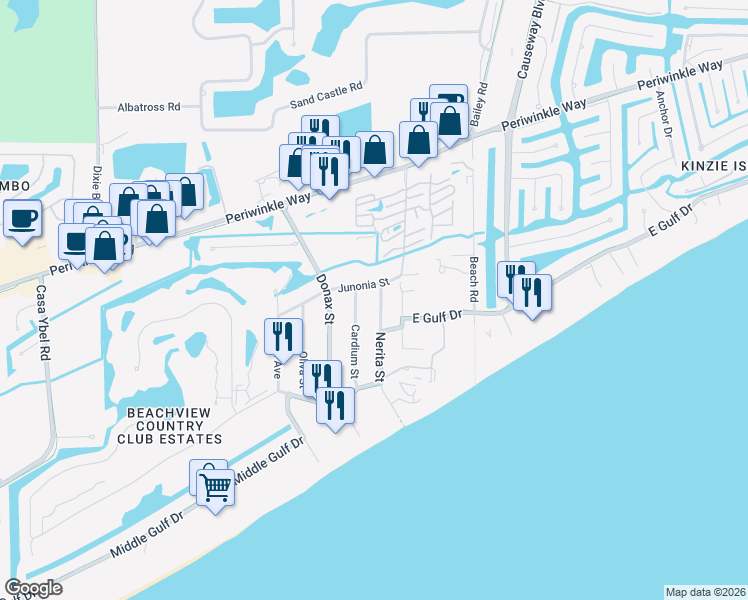 map of restaurants, bars, coffee shops, grocery stores, and more near 771a Nerita Street in Sanibel