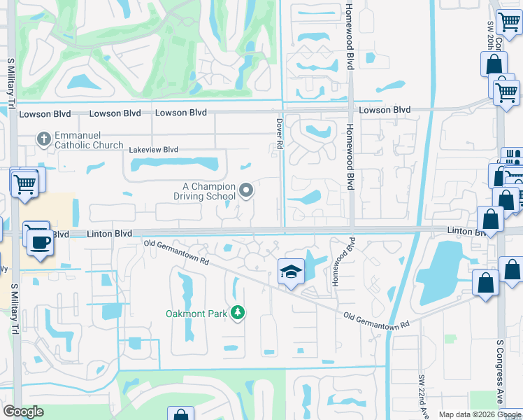 map of restaurants, bars, coffee shops, grocery stores, and more near 1700 Dover Road in Delray Beach
