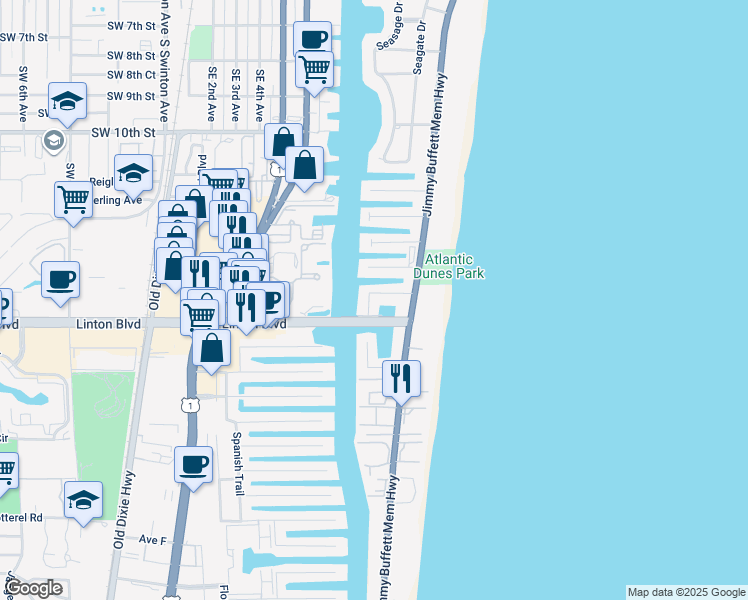 map of restaurants, bars, coffee shops, grocery stores, and more near 1709 Del Haven Drive in Delray Beach