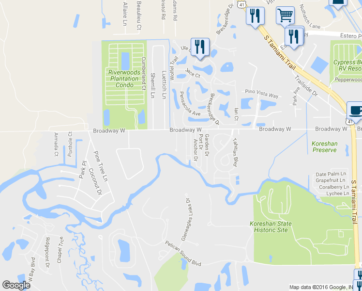 map of restaurants, bars, coffee shops, grocery stores, and more near 4391 Broadway West in Estero