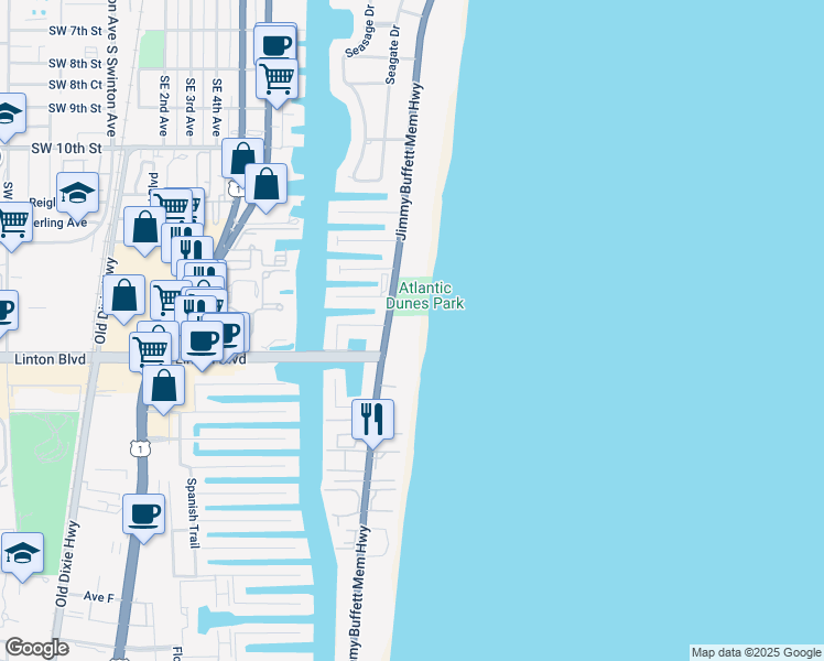 map of restaurants, bars, coffee shops, grocery stores, and more near 1713 South Ocean Boulevard in Delray Beach