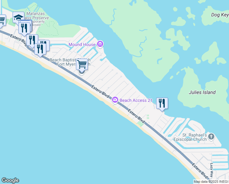 map of restaurants, bars, coffee shops, grocery stores, and more near 126 Mandalay Road in Fort Myers Beach
