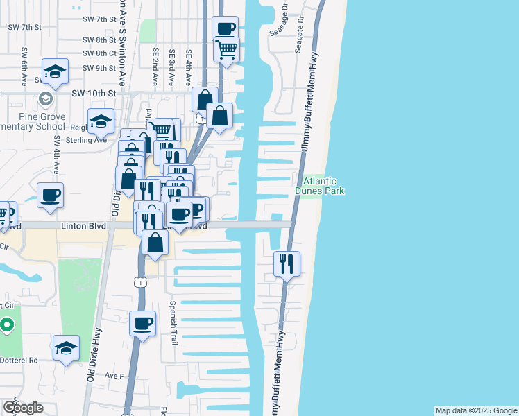 map of restaurants, bars, coffee shops, grocery stores, and more near 1709 Del Haven Drive in Delray Beach
