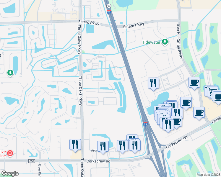 map of restaurants, bars, coffee shops, grocery stores, and more near 10230 Tin Maple Drive in Estero