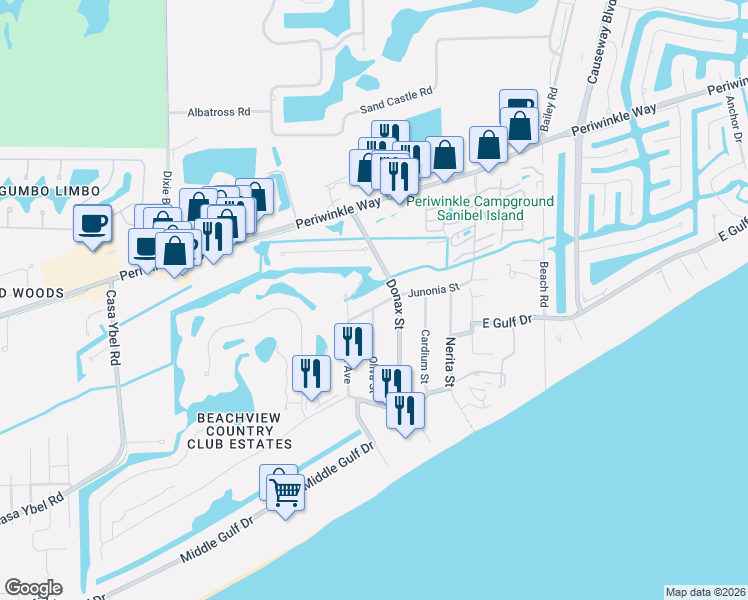 map of restaurants, bars, coffee shops, grocery stores, and more near 1326 Junonia Street in Sanibel