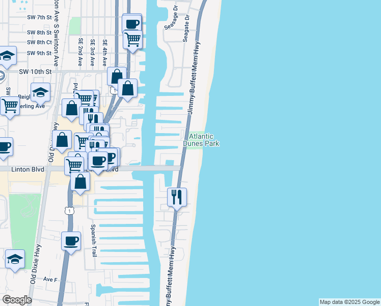 map of restaurants, bars, coffee shops, grocery stores, and more near 1713 South Ocean Boulevard in Delray Beach
