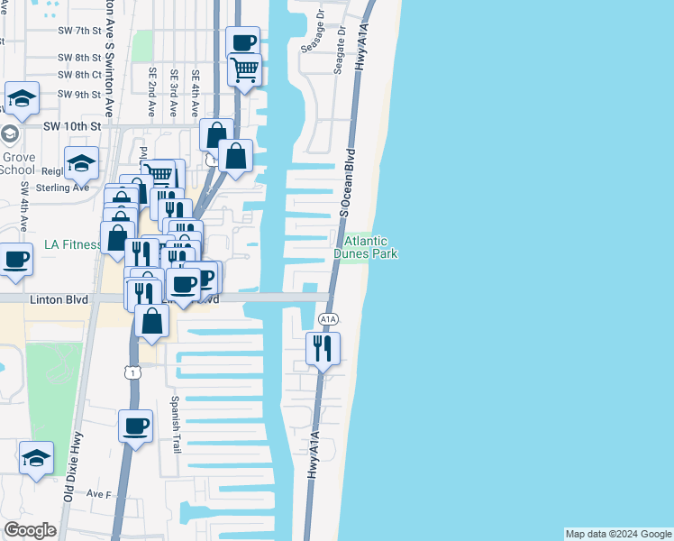 map of restaurants, bars, coffee shops, grocery stores, and more near 1692 South Ocean Boulevard in Delray Beach