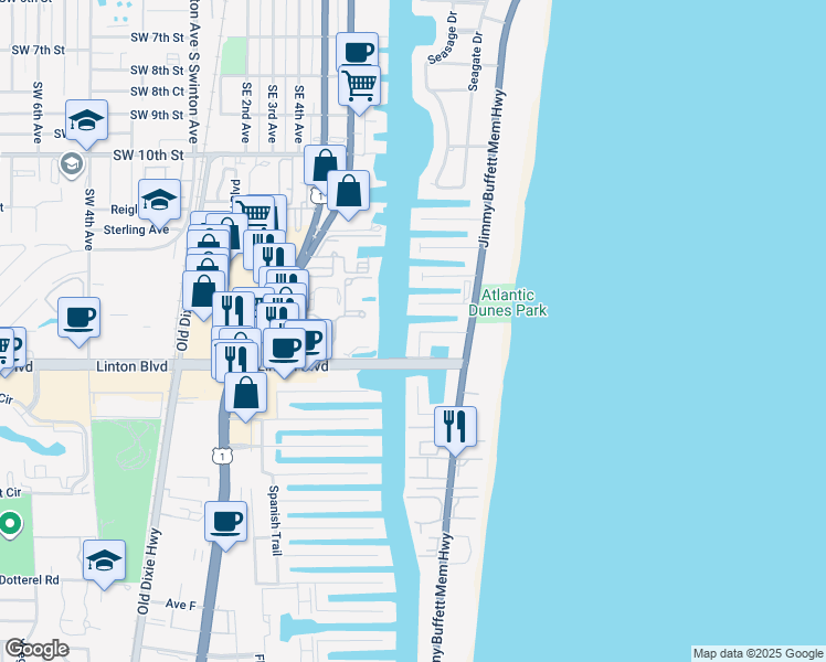 map of restaurants, bars, coffee shops, grocery stores, and more near 1709 Del Haven Drive in Delray Beach