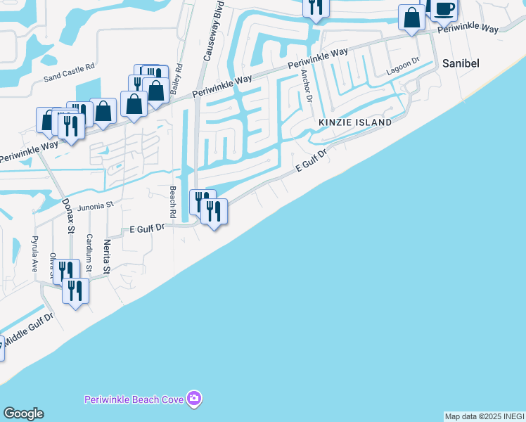 map of restaurants, bars, coffee shops, grocery stores, and more near 845 East Gulf Drive in Sanibel