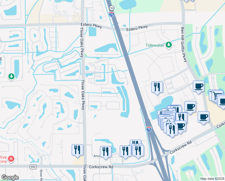 map of restaurants, bars, coffee shops, grocery stores, and more near 10261 Olivewood Way in Estero