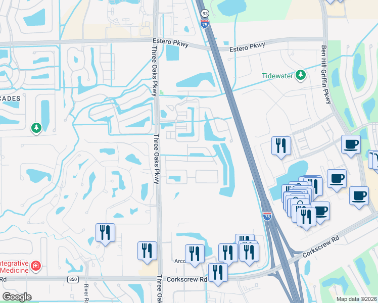 map of restaurants, bars, coffee shops, grocery stores, and more near 10170 Tin Maple Drive in Estero