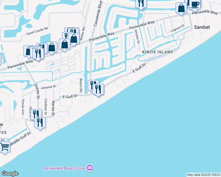 map of restaurants, bars, coffee shops, grocery stores, and more near 845 East Gulf Drive in Sanibel