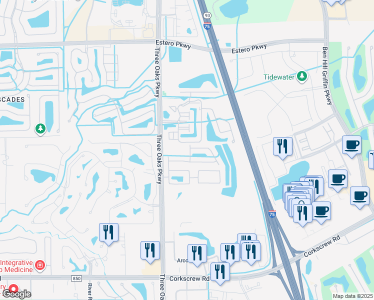 map of restaurants, bars, coffee shops, grocery stores, and more near 20720 Brassy Pine Way in Estero