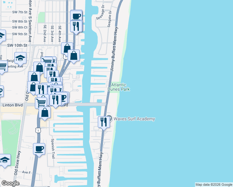 map of restaurants, bars, coffee shops, grocery stores, and more near 1713 South Ocean Boulevard in Delray Beach