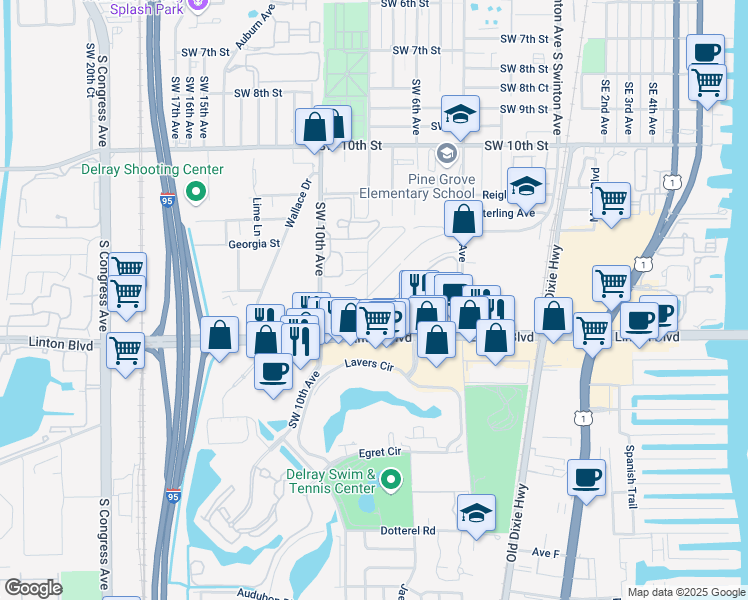 map of restaurants, bars, coffee shops, grocery stores, and more near 2492 Southridge Road in Delray Beach