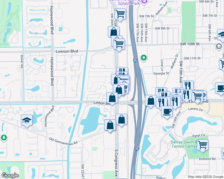 map of restaurants, bars, coffee shops, grocery stores, and more near 1511 Ilene Court in Delray Beach