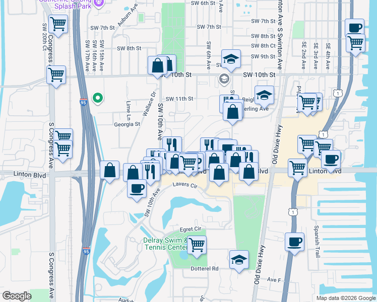 map of restaurants, bars, coffee shops, grocery stores, and more near 2484 Southridge Road in Delray Beach