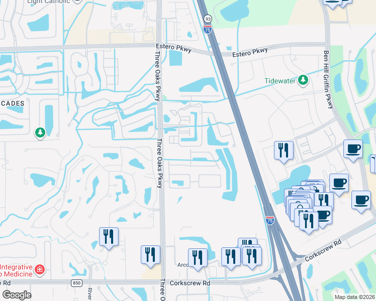 map of restaurants, bars, coffee shops, grocery stores, and more near 20700 Brassy Pine Way in Estero