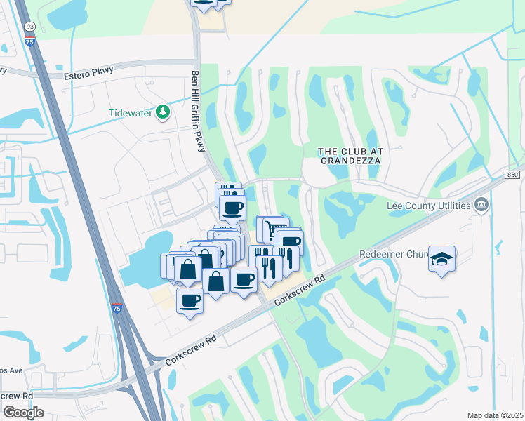 map of restaurants, bars, coffee shops, grocery stores, and more near 20220 Burnside Place in Estero